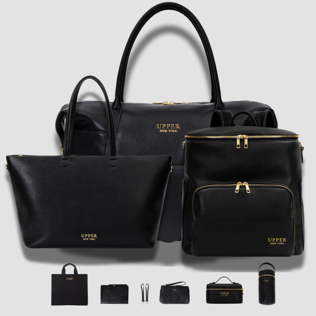 UPPER black leather duffel, tote and backpack shown together as a family travel set
