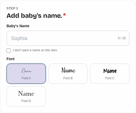 MamaRaya online customizer showing the baby name field and font choices