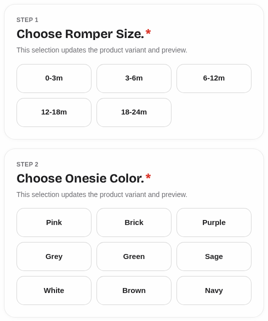MamaRaya online customizer showing romper size and onesie color choices