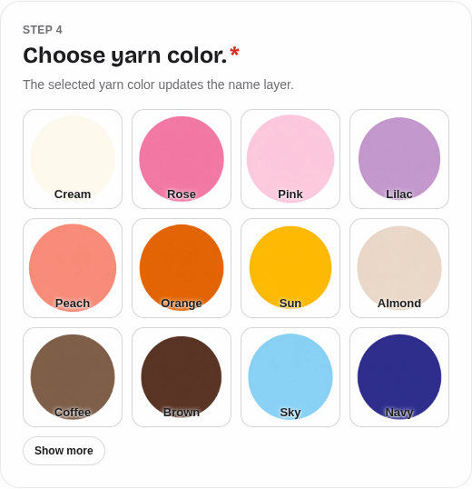 MamaRaya online customizer showing twelve yarn color choices
