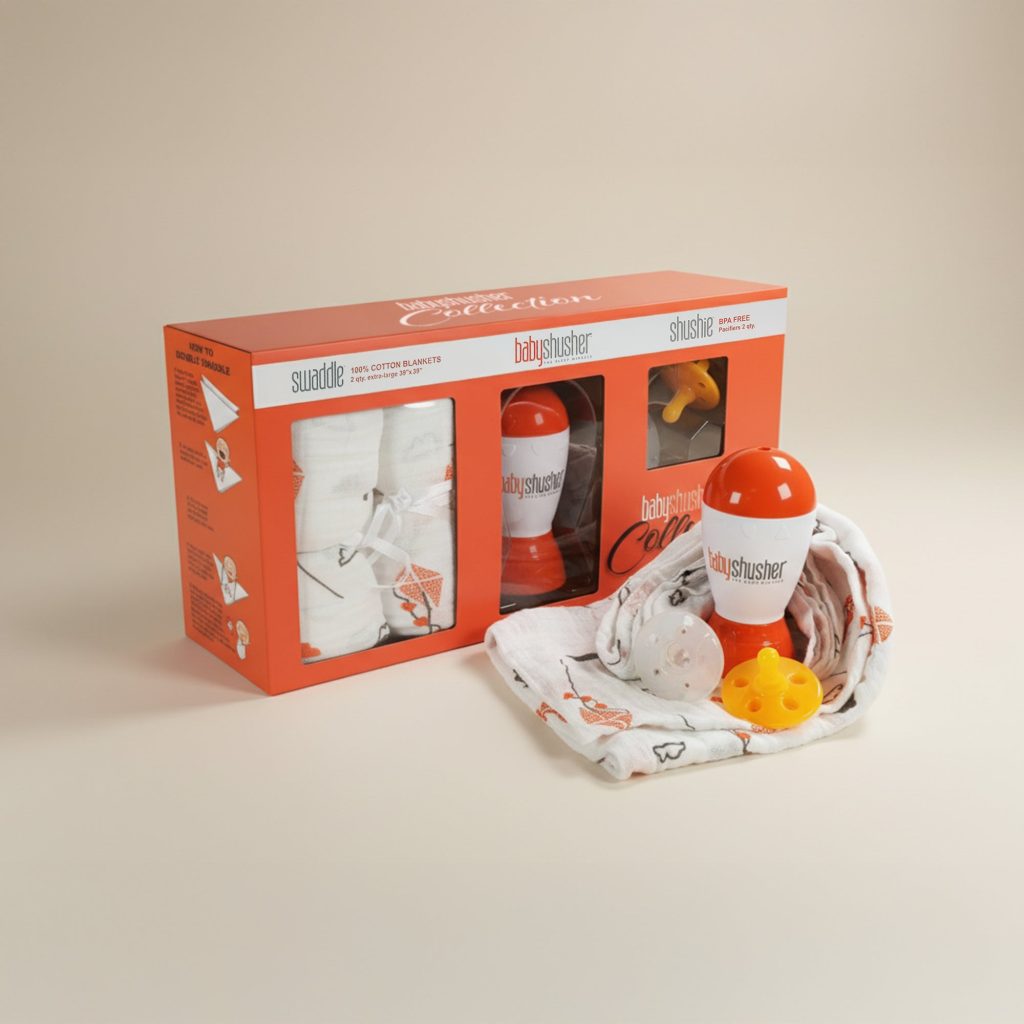 Baby Shusher Collection Gift Set with the sound machine, Shushie pacifiers and muslin swaddles