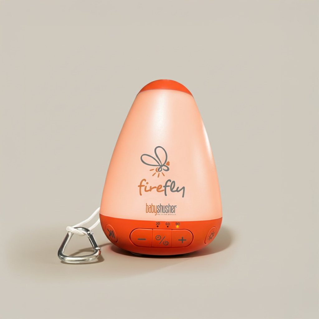 Baby Shusher Firefly, a rechargeable portable sound machine with a dimmable warm night light