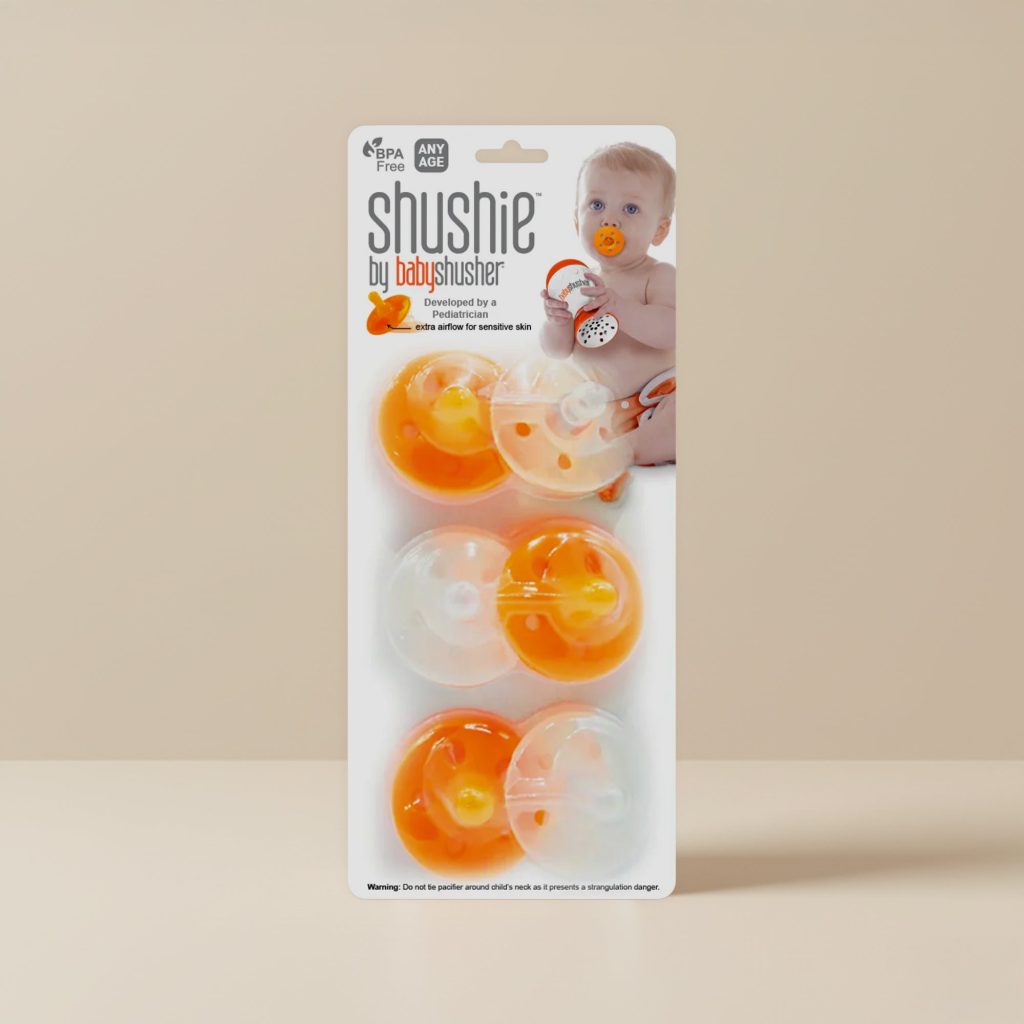 Shushie silicone pacifiers by Baby Shusher, shown as a six-pack in retail packaging