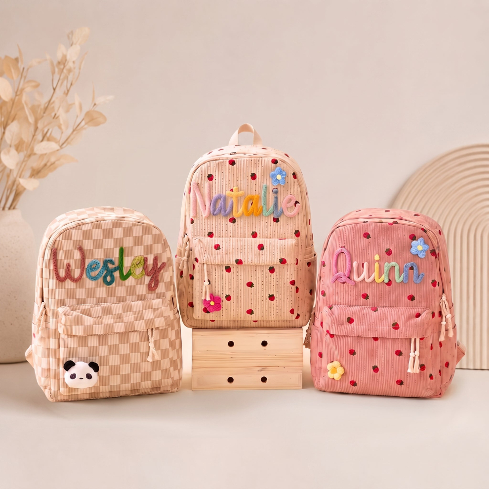 Personalized Patterned Corduroy Backpack – Khaki Plaid