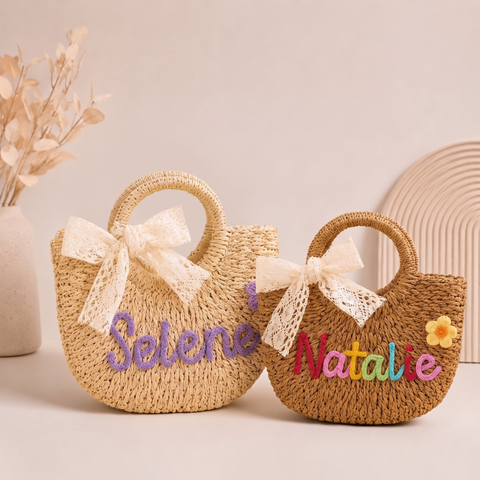 Personalized Kids Straw Beach Bag – Cream