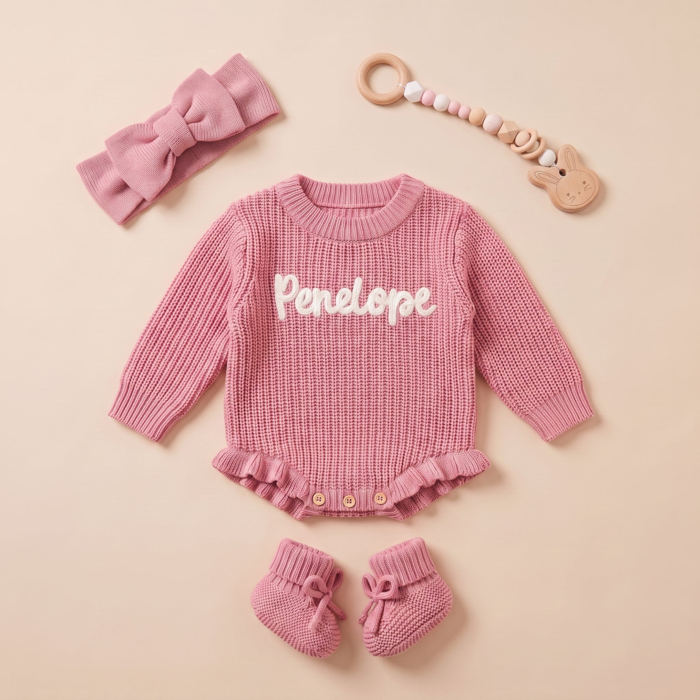 Custom Baby Girl Ruffle Sweater Headband Socks Set – White / NB