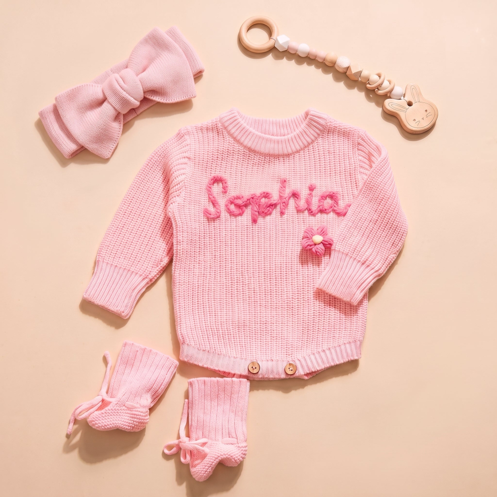 Personalized Knit Baby Headband Sweater Socks Set – White / NB