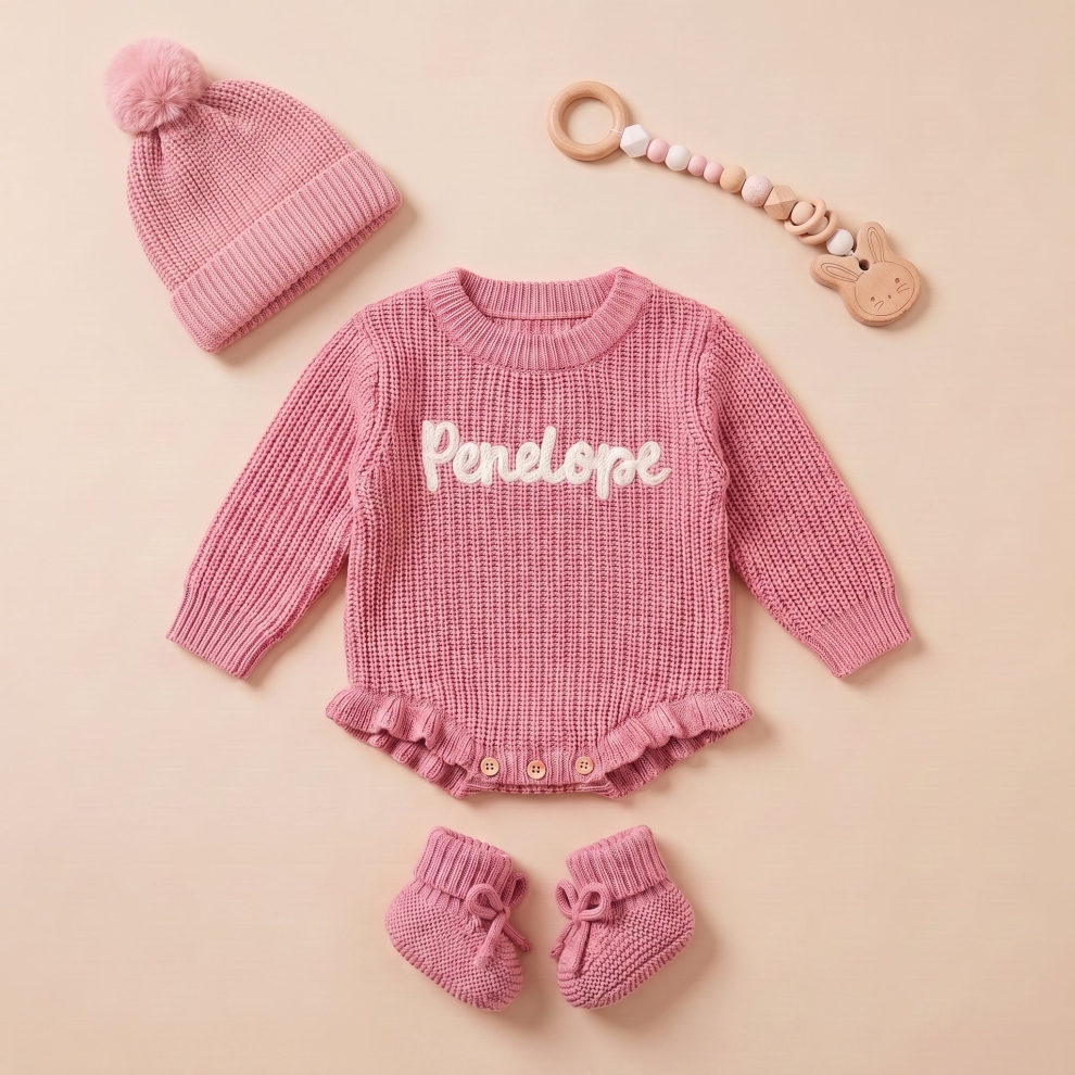 Custom Baby Girl Ruffle Sweater Beanie Socks Set – White / NB
