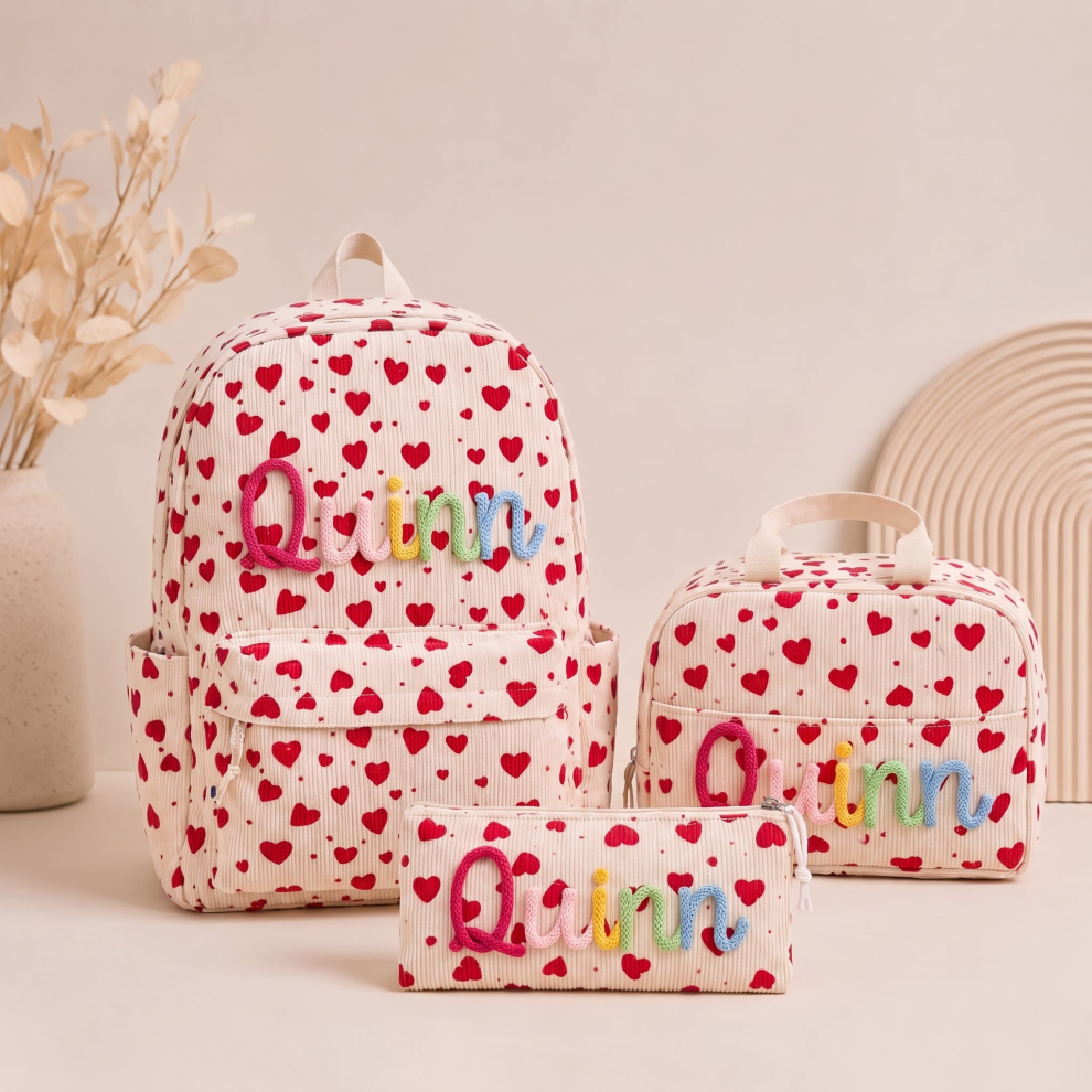 Personalized 3-Piece Kids Backpack Set – Red Hearts Set