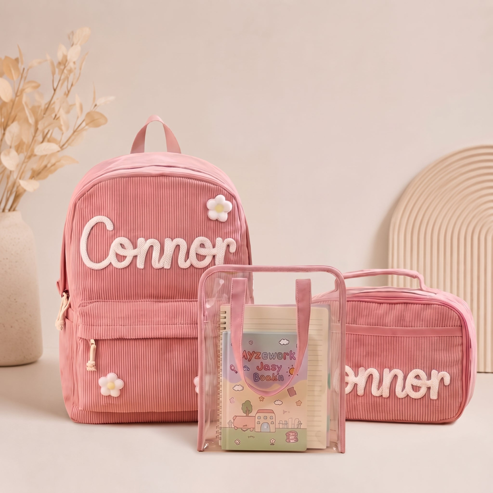 Personalized Corduroy 3-Piece School Bag Set – Pink Set