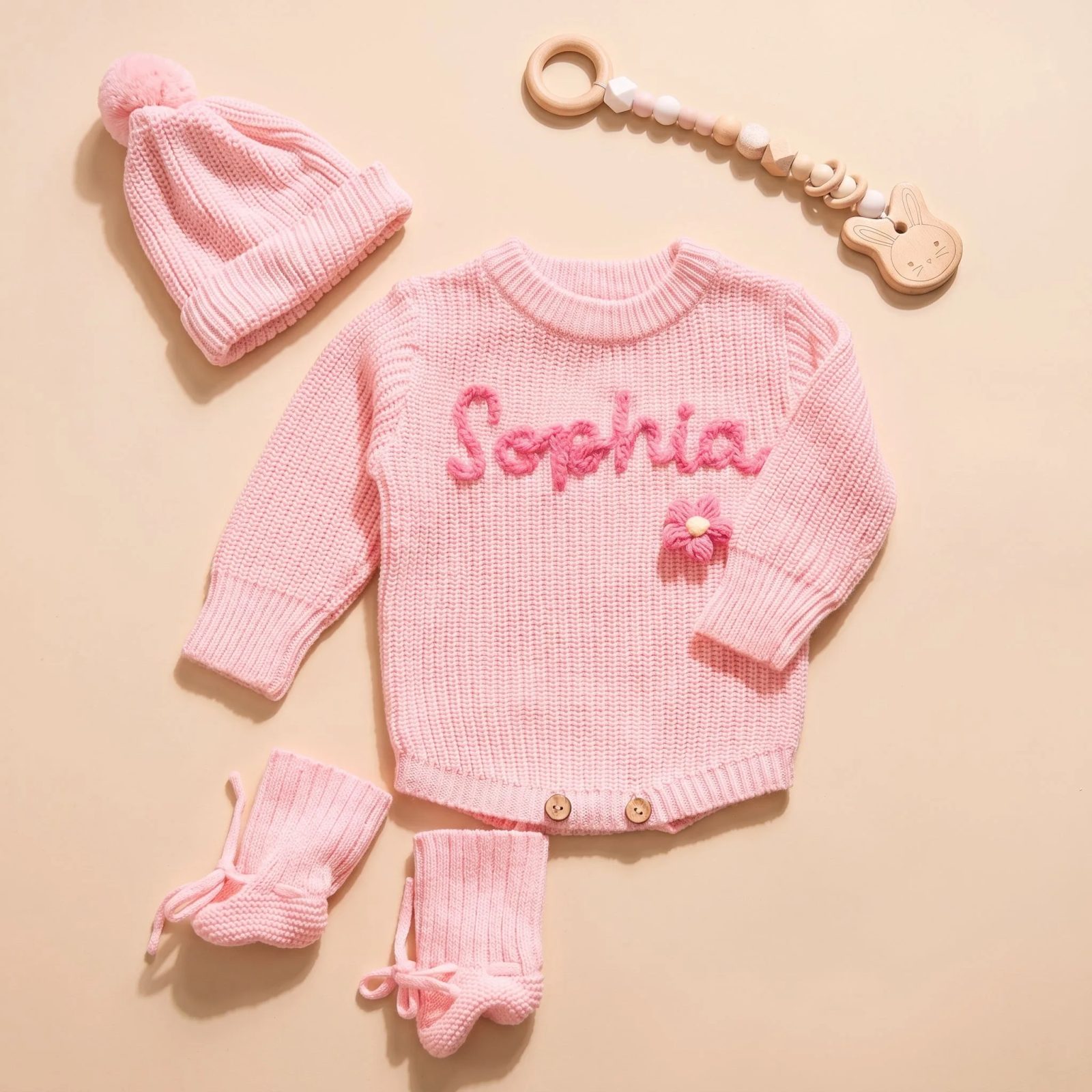 Pink personalized newborn knit set with baby name Sophia