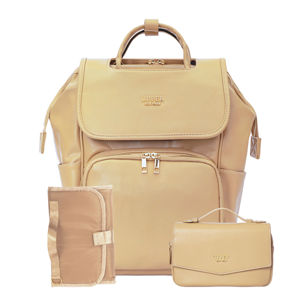 Leather Diaper Bag Backpack - La Madison™ II - Work & Play Commuter Backpack Gift Set (Limited Edition) - Sandy Beige- relaxing beachside