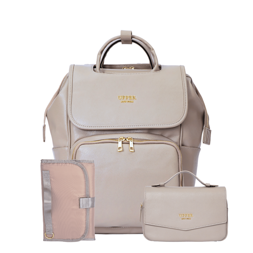 Leather Diaper Bag Backpack - La Madison™ II - Work & Play Commuter Backpack Gift Set (Limited Edition) - Silvery Grey--pebble shore