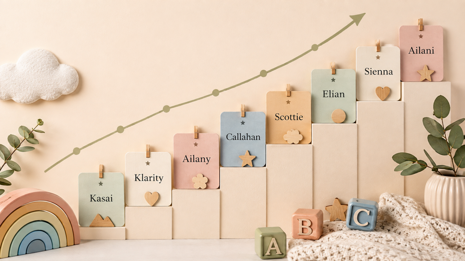 Rising boy name cards arranged on steps beneath an upward trend line