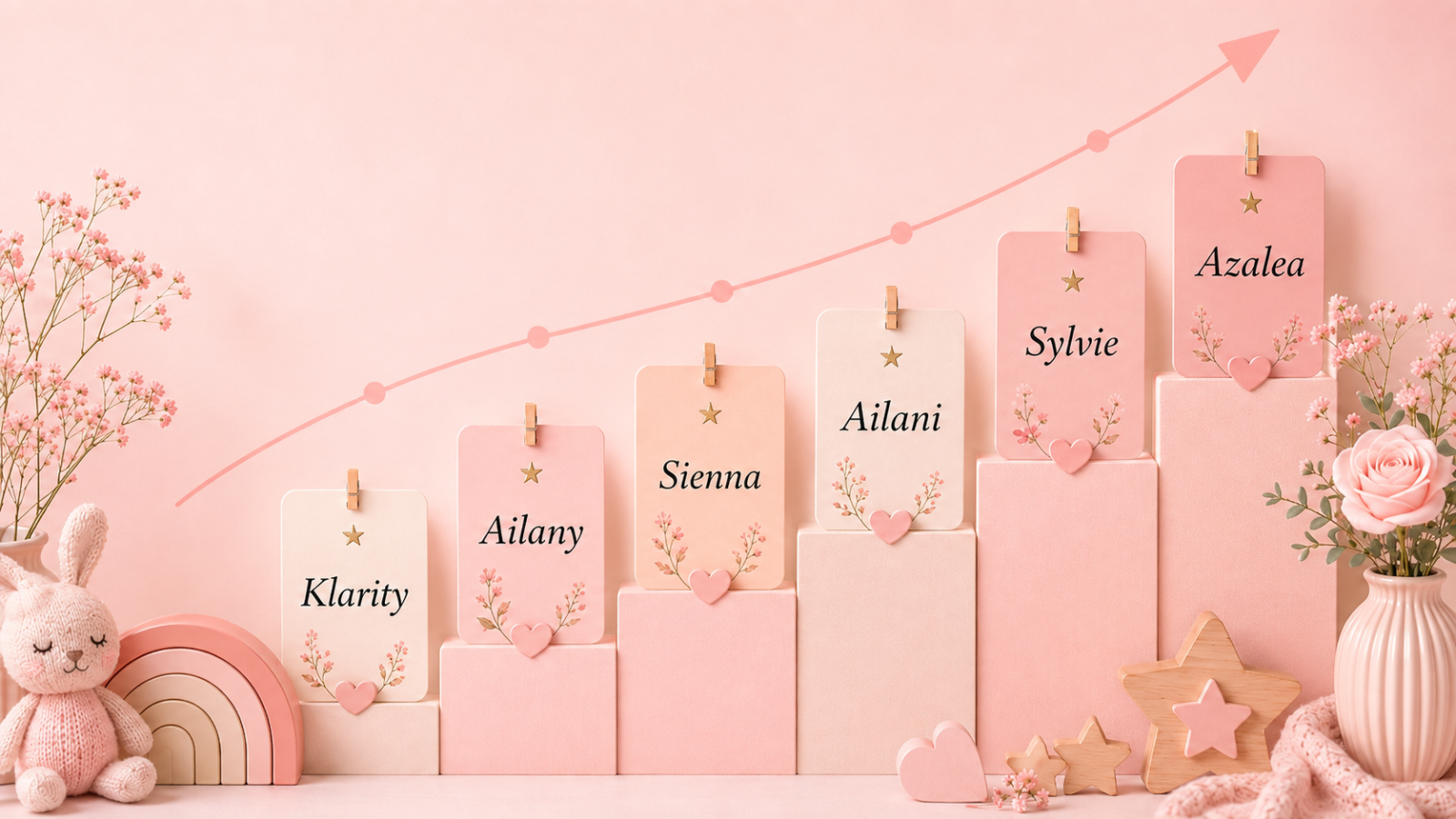 Rising girl name cards arranged on steps beneath an upward trend line