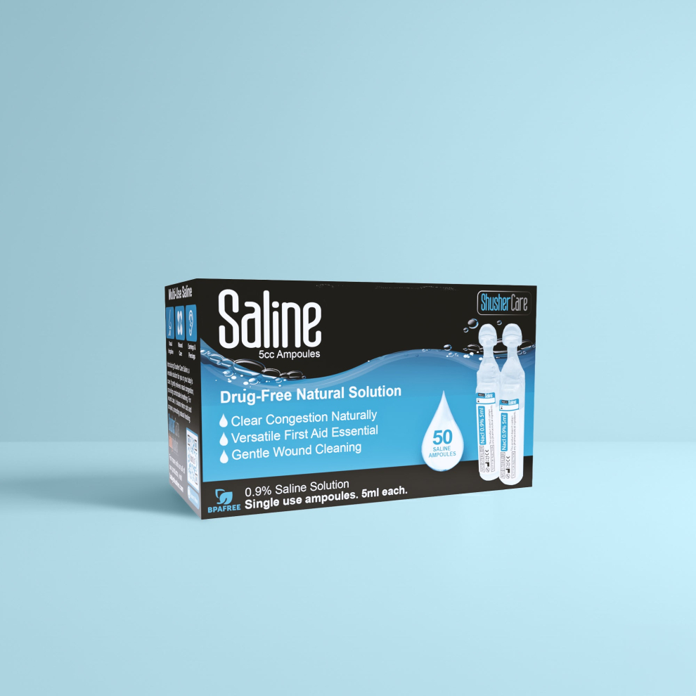 Shusher Care Saline Ampoules – Sterile Single-Use Saline Solution for Nasal, Wound & Piercing Care - 20 Count - 50 Count Saline Ampoules