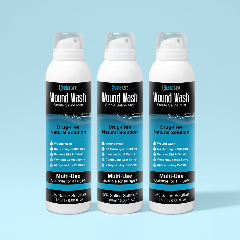 Shusher Care Wound Wash Spray – Sterile 5% Hypertonic Saline for Cuts, Scrapes & Wound Irrigation - 3-Pack
